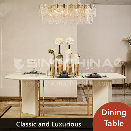 Postmodern style white marble dining table with rectangular round corner stainless steel furniture